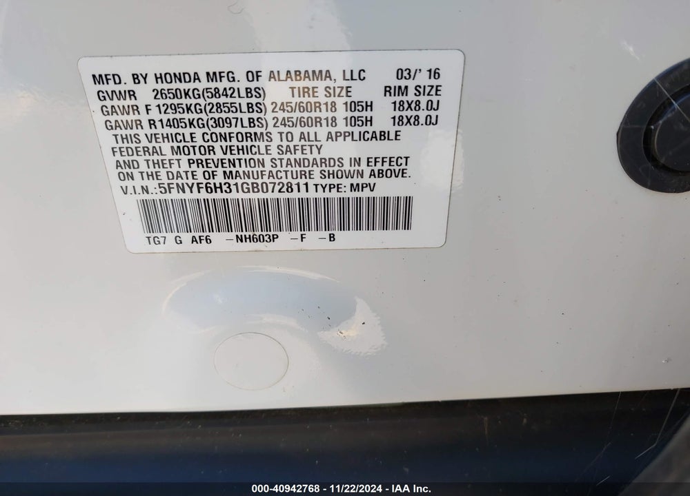2016 HONDA PILOT EX VIN: 5FNYF6H31GB072811
