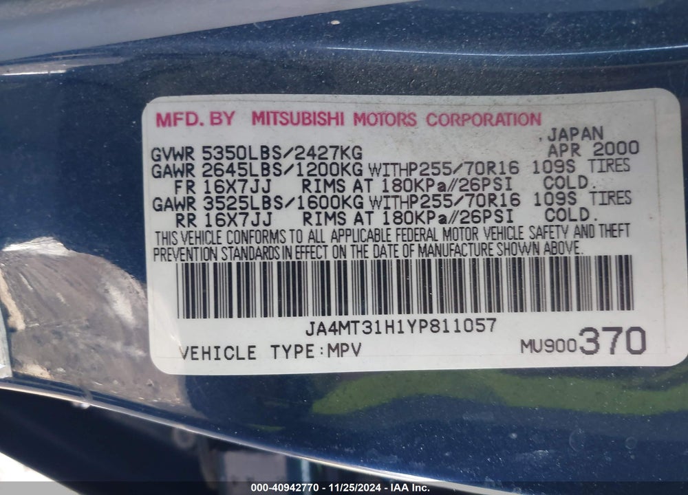 2000 MITSUBISHI MONTERO SPORT LS/XLS VIN: JA4MT31H1YP811057