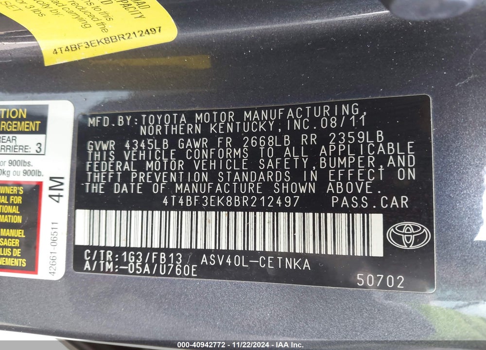 2011 TOYOTA CAMRY LE VIN: 4T4BF3EK8BR212497
