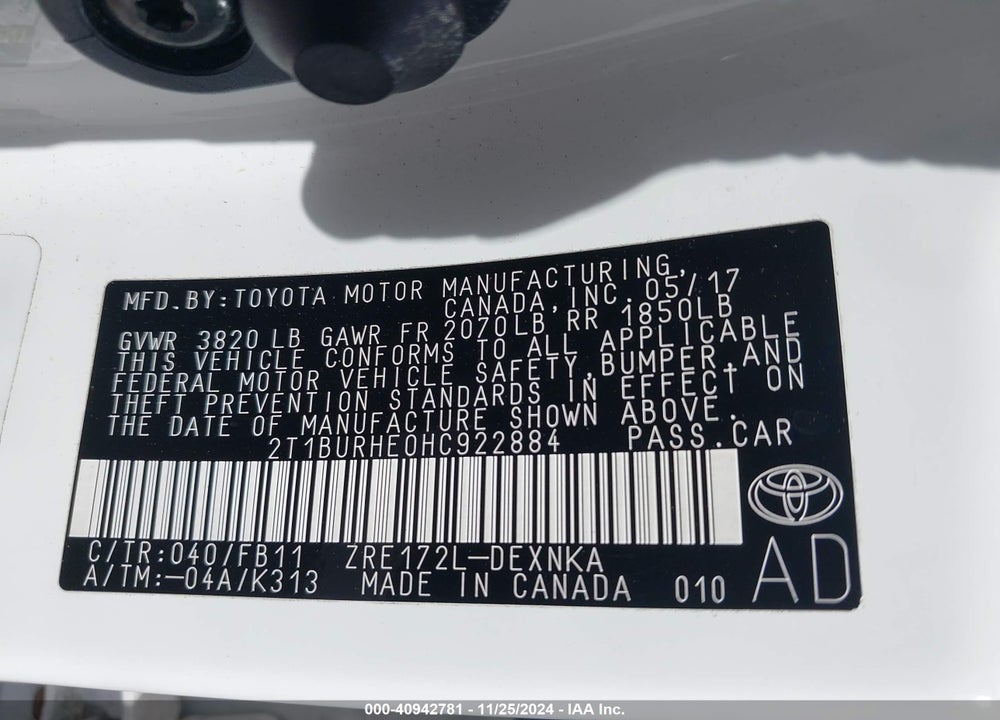 2017 TOYOTA COROLLA LE VIN: 2T1BURHE0HC922884
