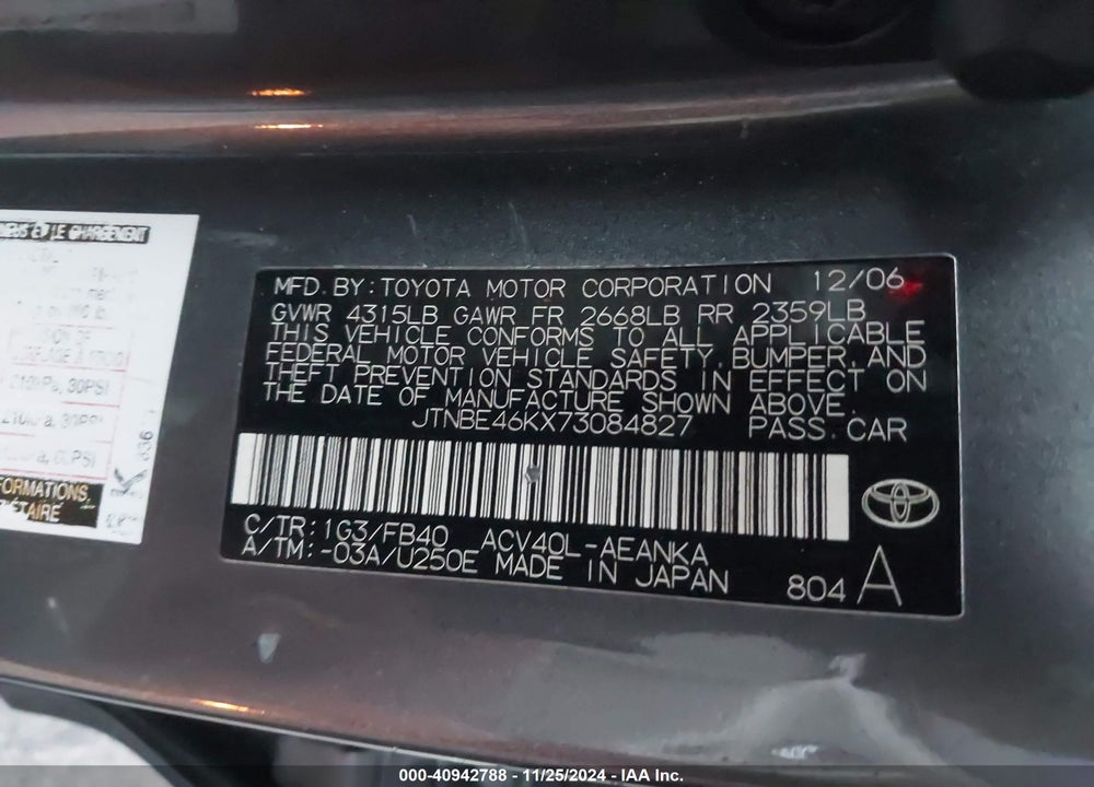 2007 TOYOTA CAMRY VIN: JTNBE46KX73084827