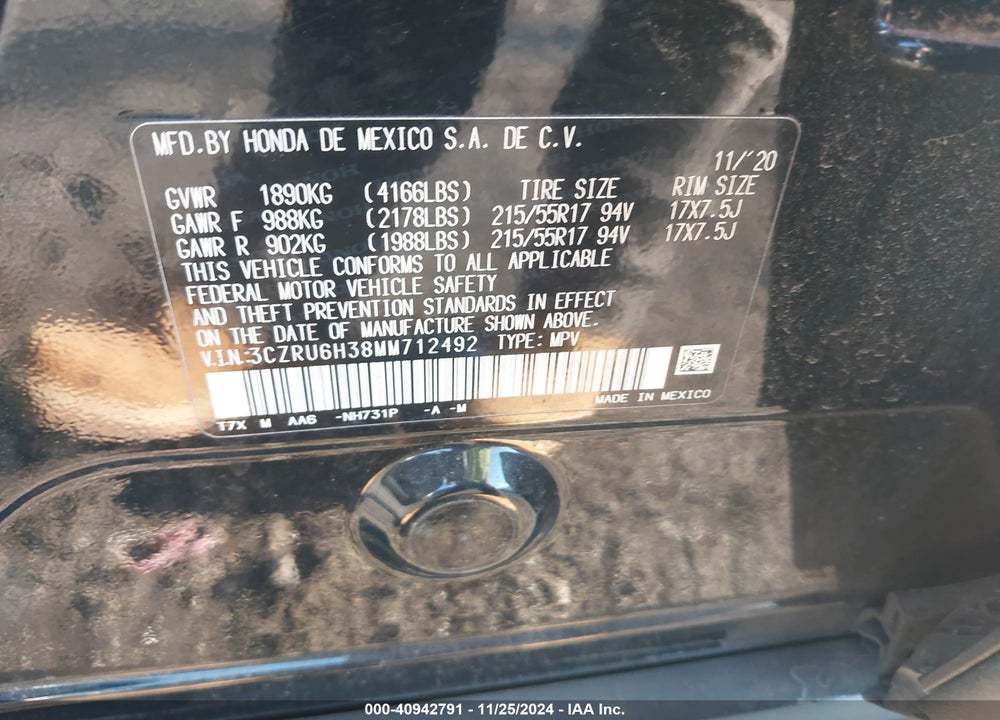 2021 HONDA HR-V AWD LX VIN: 3CZRU6H38MM712492