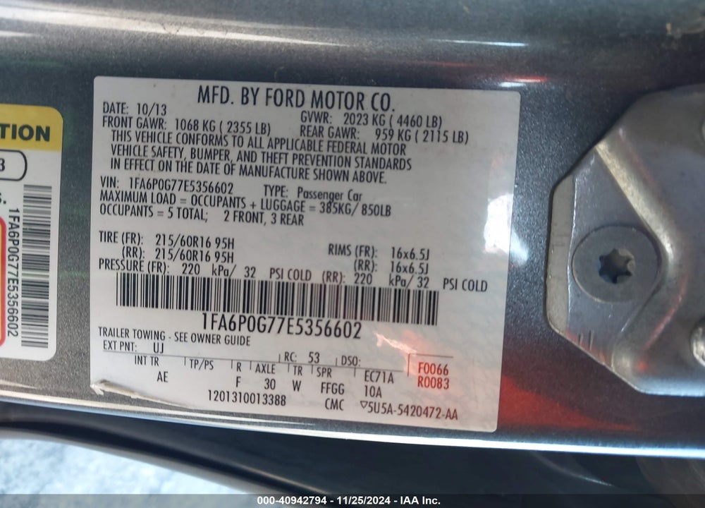 2014 FORD FUSION VIN: 1FA6P0G77E5356602