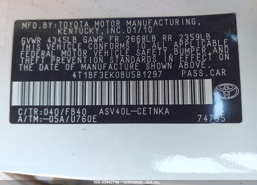 2011 TOYOTA CAMRY VIN: 4T1BF3EK0BU581297