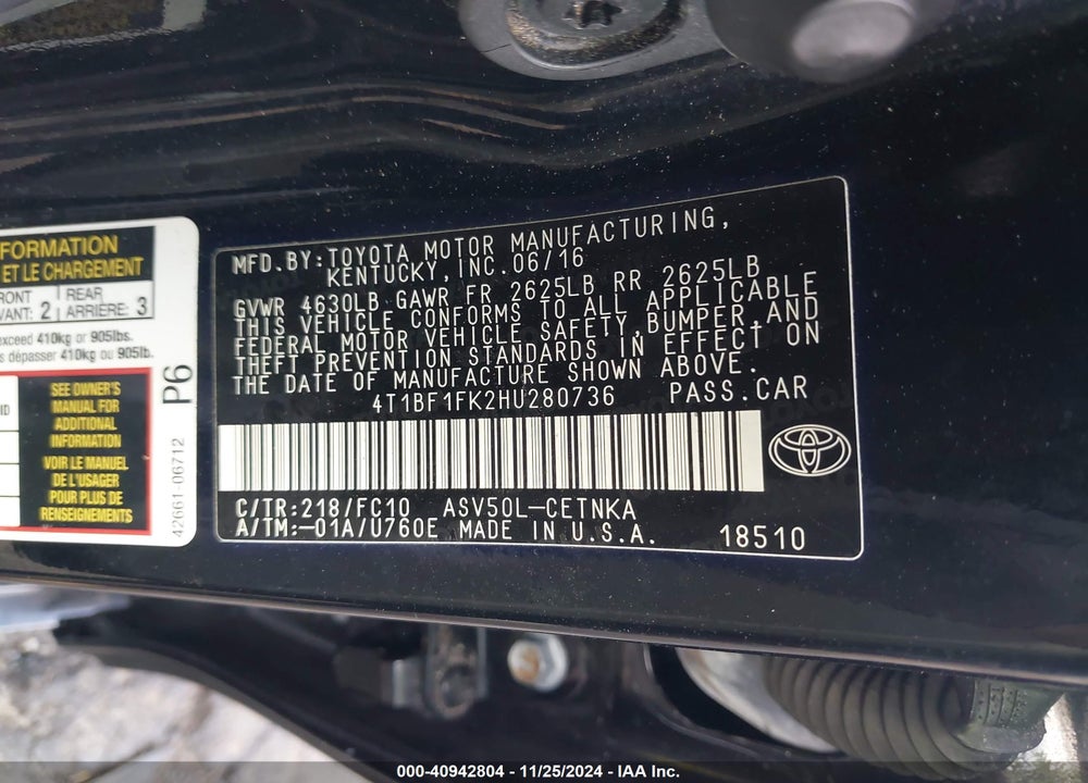 2017 TOYOTA CAMRY VIN: 4T1BF1FK2HU280736