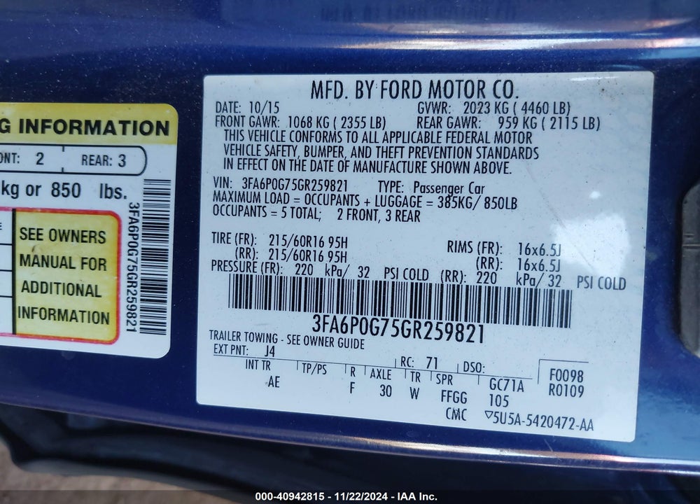 2016 FORD FUSION S VIN: 3FA6P0G75GR259821