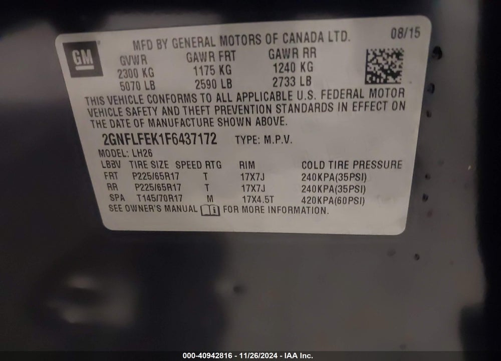 2015 CHEVROLET EQUINOX 1LT VIN: 2GNFLFEK1F6437172