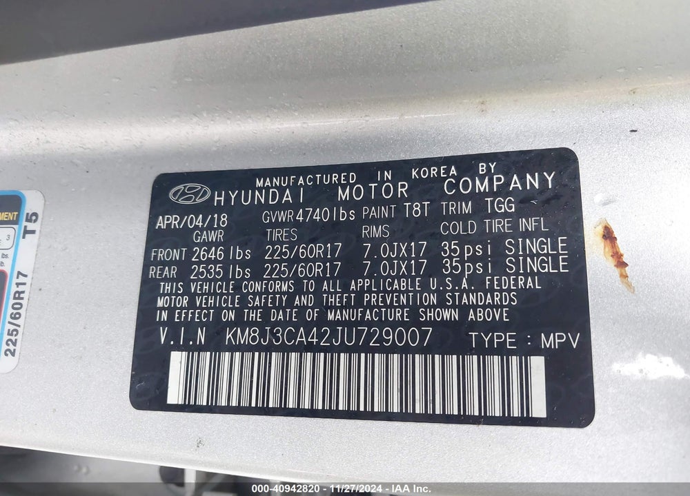 2018 HYUNDAI TUCSON SEL VIN: KM8J3CA42JU729007