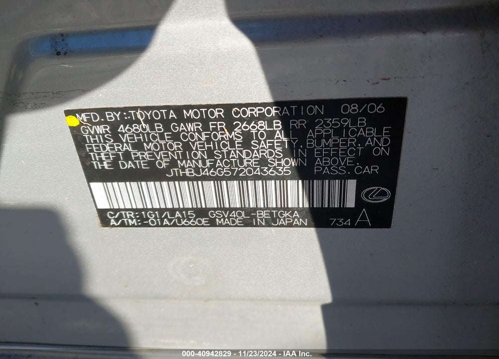 2007 LEXUS ES 350 VIN: JTHBJ46G572043635