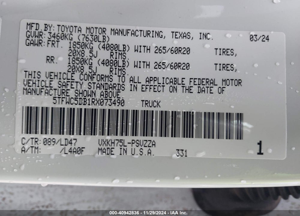 2024 TOYOTA TUNDRA HYBRID 1794 LIMITED EDITION VIN: 5TFWC5DB1RX073490