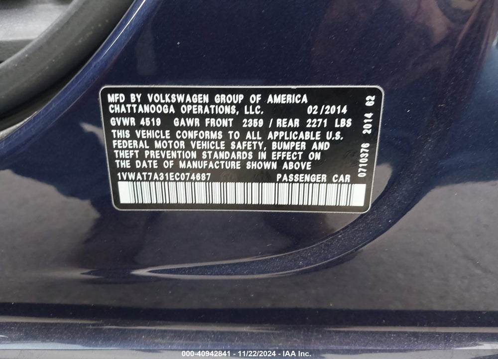 2014 VOLKSWAGEN PASSAT VIN: 1VWAT7A31EC074687