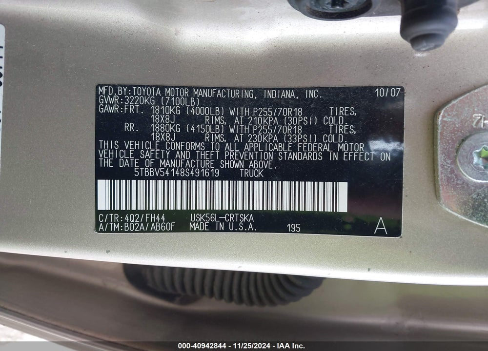 2008 TOYOTA TUNDRA BASE 5.7L V8 VIN: 5TBBV54148S491619