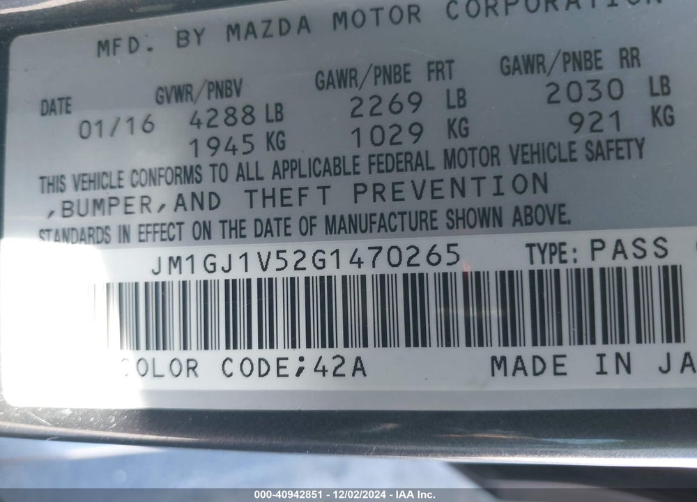 2016 MAZDA 6 I TOURING VIN: JM1GJ1V52G1470265