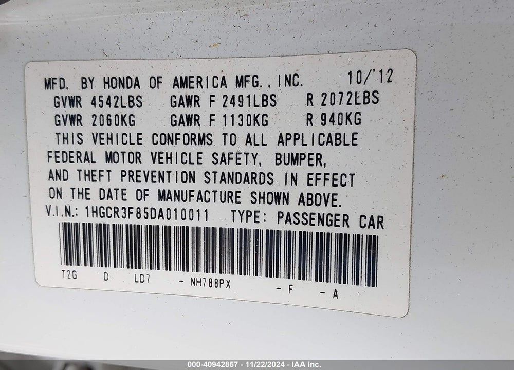 2013 HONDA ACCORD EX-L V-6 VIN: 1HGCR3F85DA010011