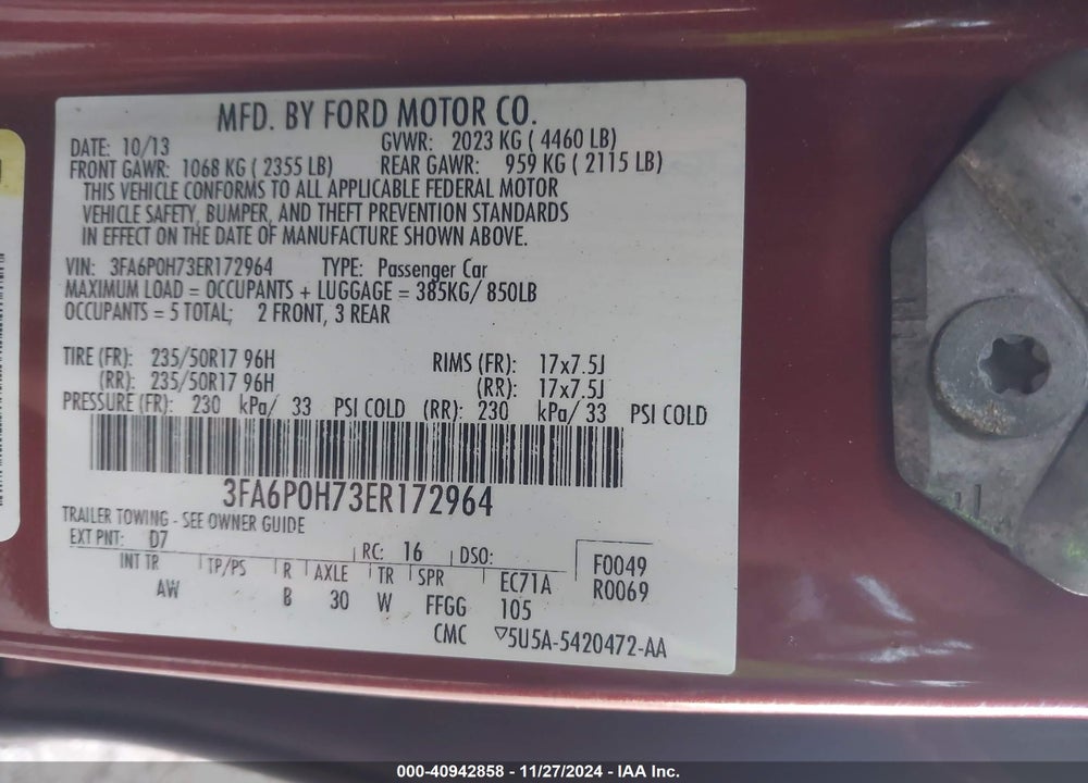 2014 FORD FUSION SE VIN: 3FA6P0H73ER172964
