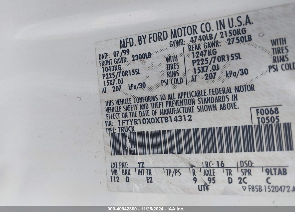 1999 FORD RANGER XLT VIN: 1FTYR10X0XTB14312