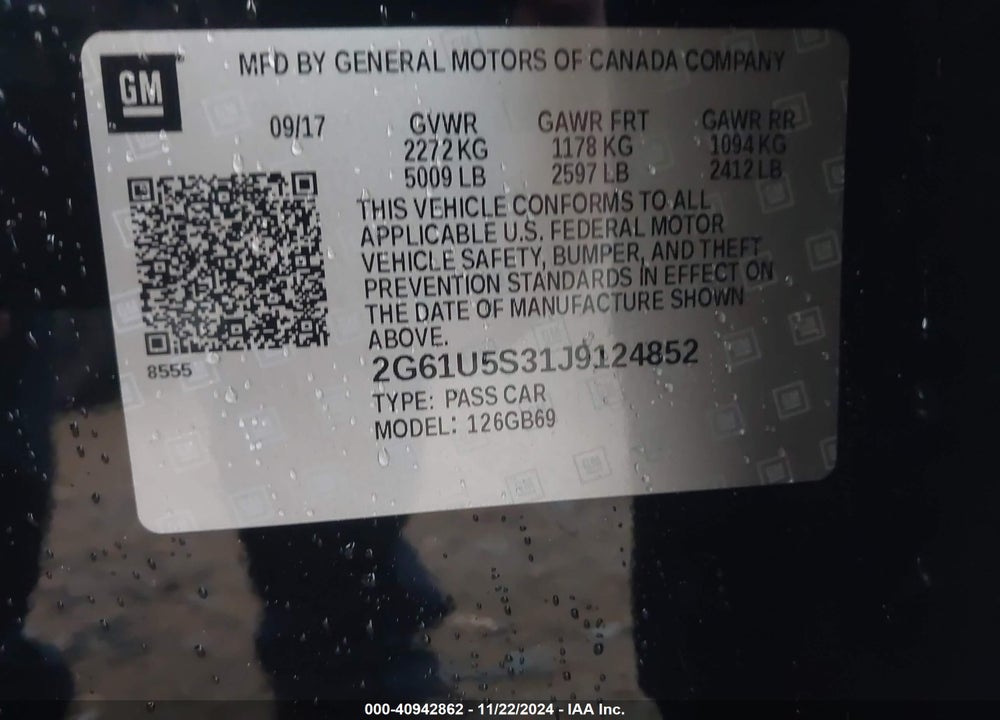 2018 CADILLAC XTS W20 LIVERY PACKAGE VIN: 2G61U5S31J9124852
