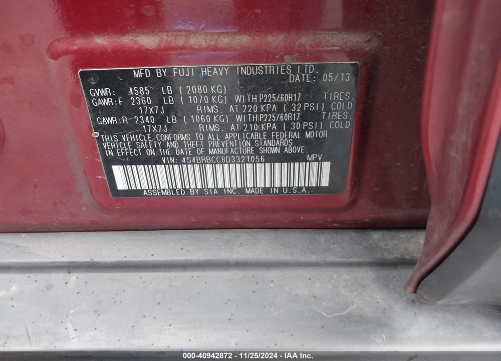 2013 SUBARU OUTBACK 2.5I PREMIUM VIN: 4S4BRBCC8D3321056