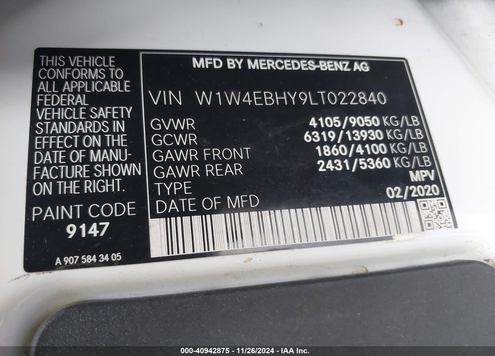 2020 MERCEDES-BENZ SPRINTER 2500 STANDARD ROOF V6 VIN: W1W4EBHY9LT022840