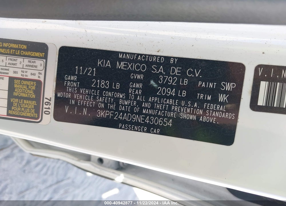 2022 KIA FORTE LXS VIN: 3KPF24AD9NE430654