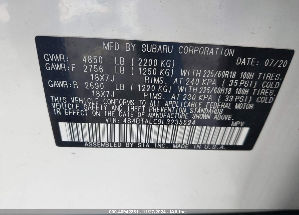 2020 SUBARU OUTBACK LIMITED VIN: 4S4BTALC9L3235524