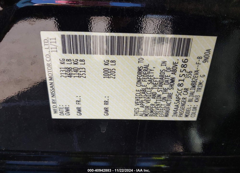 2012 NISSAN MAXIMA 3.5 SV VIN: 1N4AA5AP5CC815586