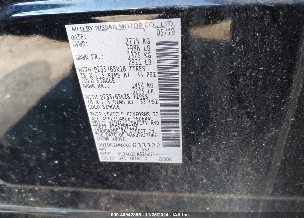 2019 NISSAN PATHFINDER SL VIN: 5N1DR2MNXKC633322