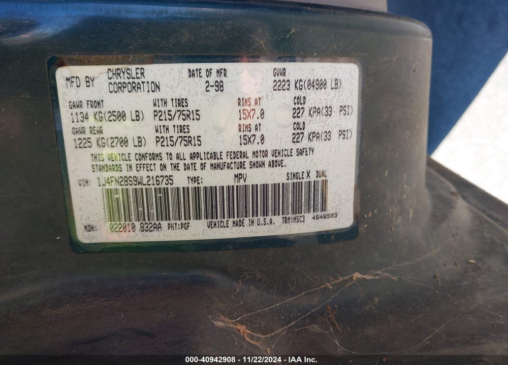 1998 JEEP CHEROKEE RHD RURAL LETTER CARRIER VIN: 1J4FN28S9WL216735