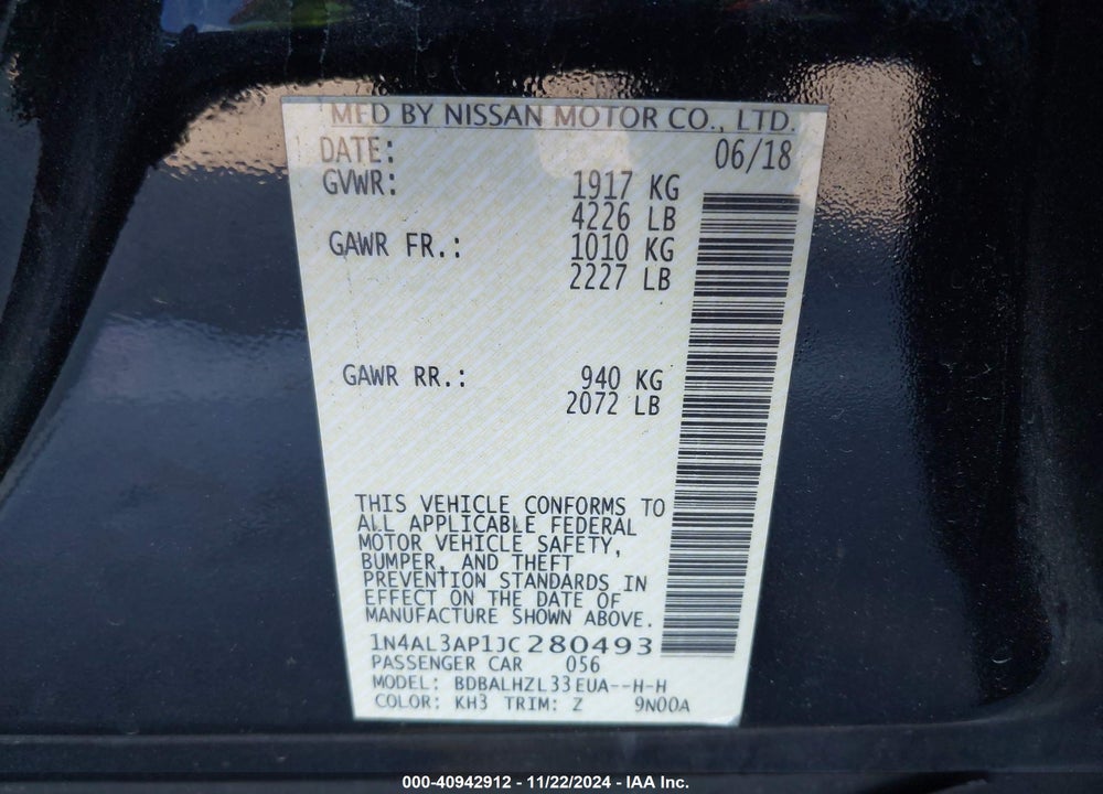 2018 NISSAN ALTIMA 2.5 SR VIN: 1N4AL3AP1JC280493