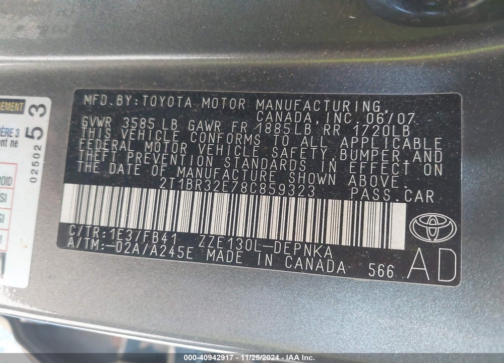 2008 TOYOTA COROLLA LE VIN: 2T1BR32E78C859323