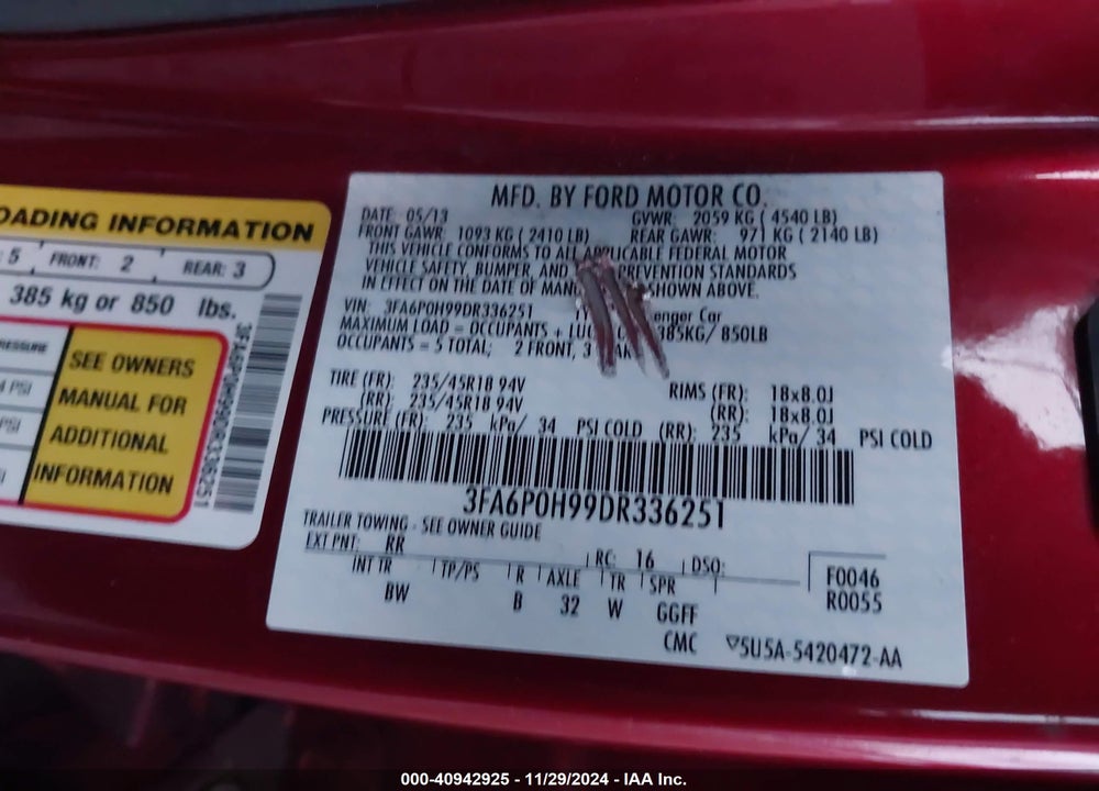 2013 FORD FUSION SE VIN: 3FA6P0H99DR336251
