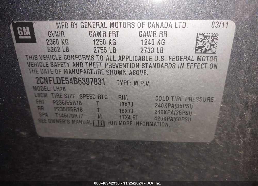 2011 CHEVROLET EQUINOX 1LT VIN: 2CNFLDE54B6397831