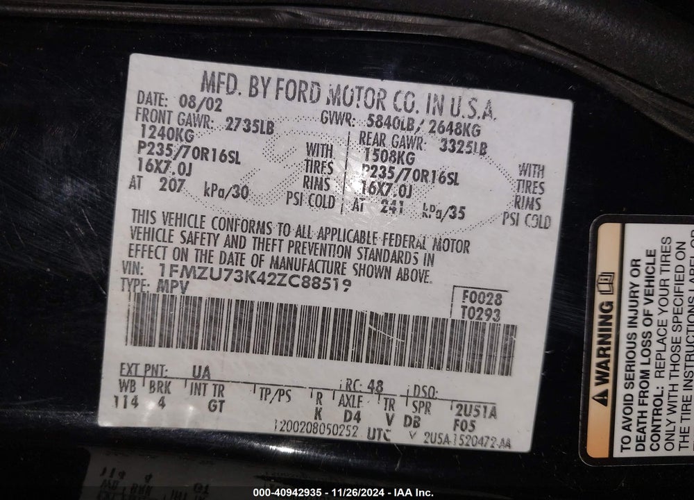 2002 FORD EXPLORER XLT VIN: 1FMZU73K42ZC88519