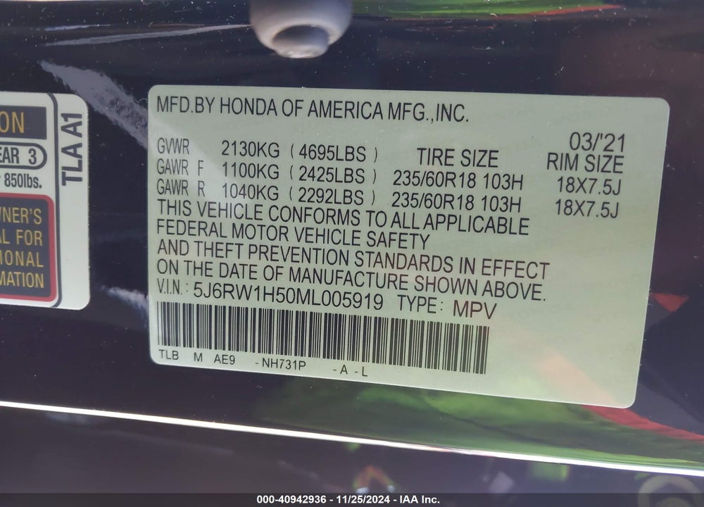 2021 HONDA CR-V VIN: 5J6RW1H50ML005919