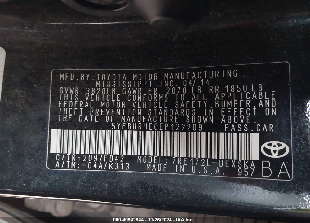 2014 TOYOTA COROLLA S PLUS VIN: 5YFBURHE0EP122209