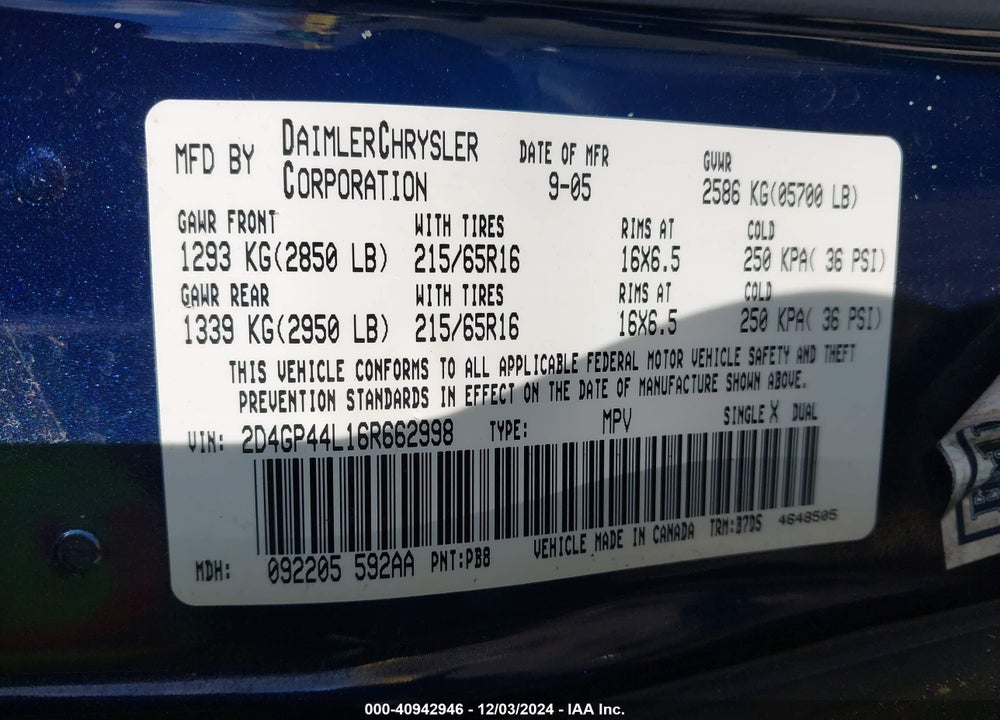 2006 DODGE GRAND CARAVAN SXT VIN: 2D4GP44L16R662998