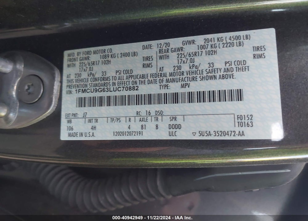 2020 FORD ESCAPE SE VIN: 1FMCU9G63LUC70882