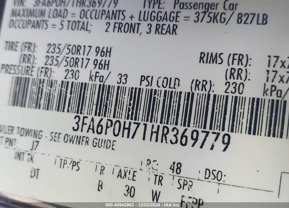 2017 FORD FUSION VIN: 3FA6P0H71HR369779