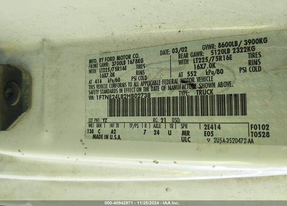 2002 FORD E-250 COMMERCIAL/RECREATIONAL VIN: 1FTNE24L82HB02738