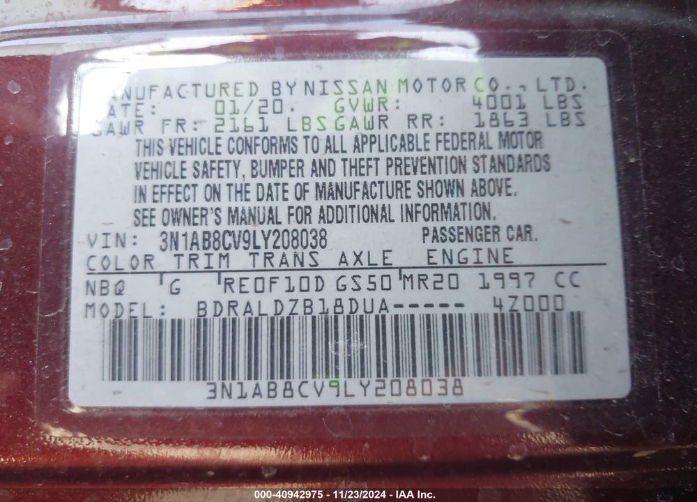2020 NISSAN SENTRA VIN: 3N1AB8CV9LY208038