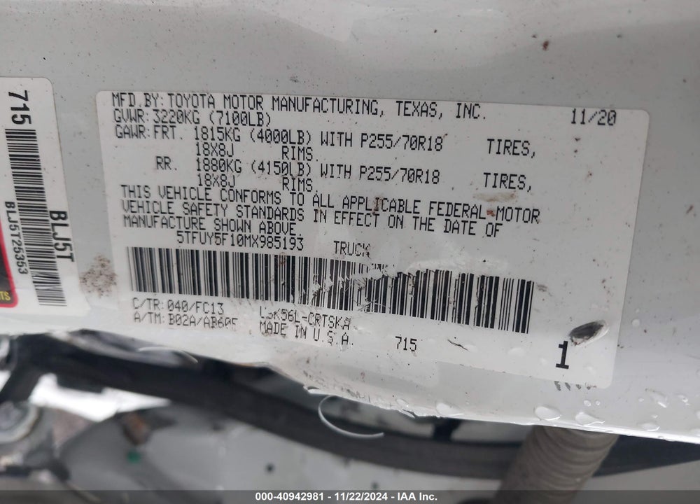 2021 TOYOTA TUNDRA SR5 VIN: 5TFUY5F10MX985193