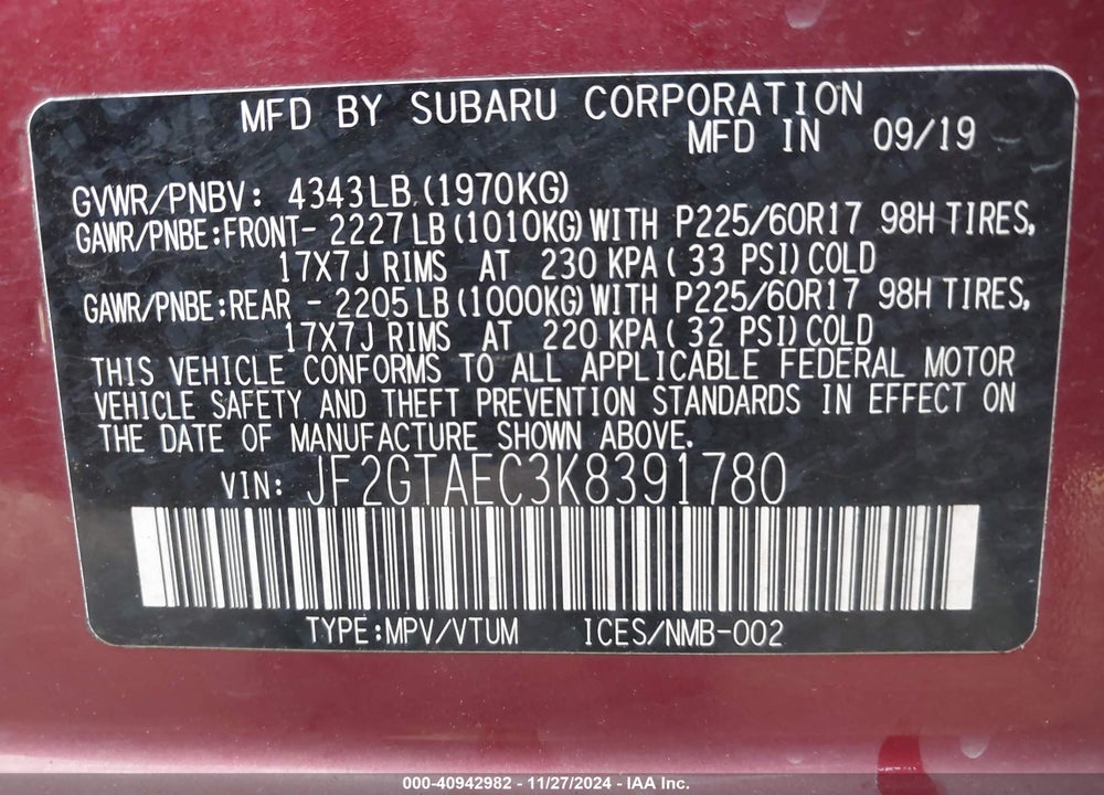 2019 SUBARU CROSSTREK 2.0I PREMIUM VIN: JF2GTAEC3K8391780