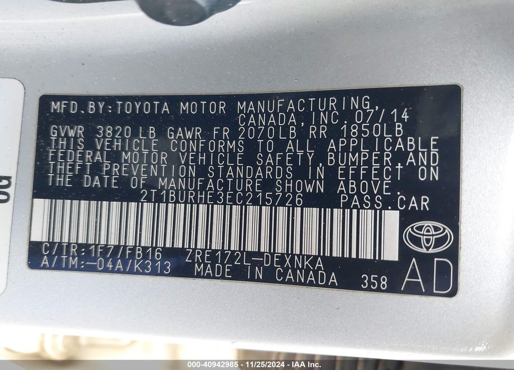 2014 TOYOTA COROLLA VIN: 2T1BURHE3EC215726