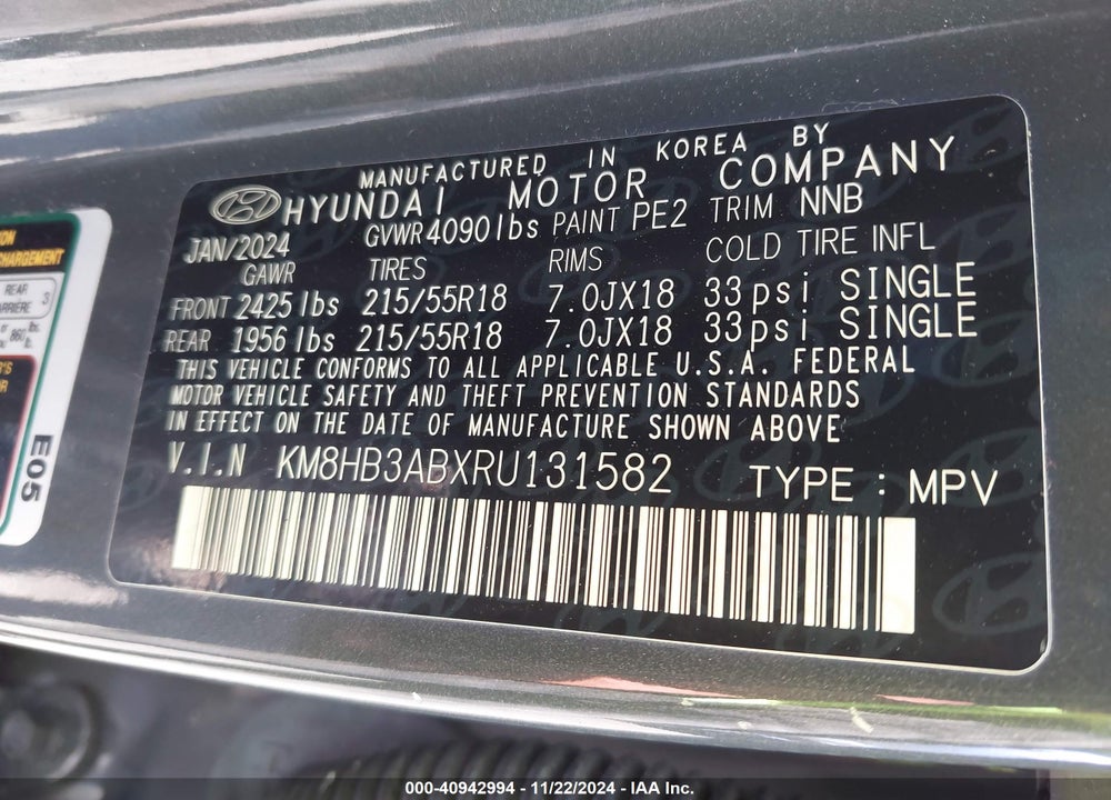 2024 HYUNDAI KONA VIN: KM8HB3ABXRU131582