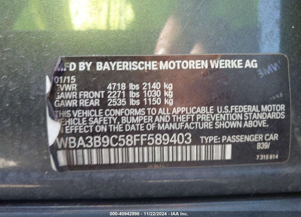 2015 BMW 335I XDRIVE VIN: WBA3B9C58FF589403