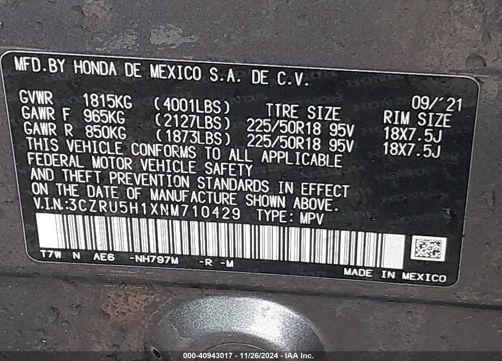 2022 HONDA HR-V 2WD SPORT VIN: 3CZRU5H1XNM710429