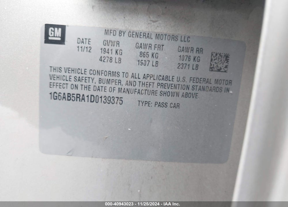 2013 CADILLAC ATS VIN: 1G6AB5RA1D0139375