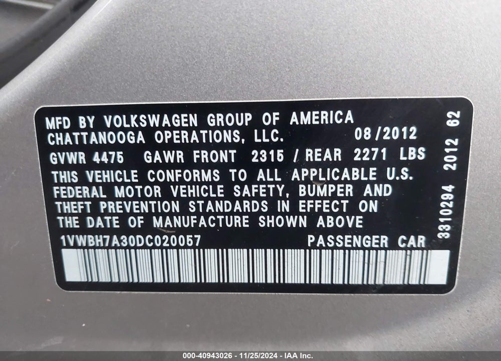 2013 VOLKSWAGEN PASSAT 2.5L SE VIN: 1VWBH7A30DC020057
