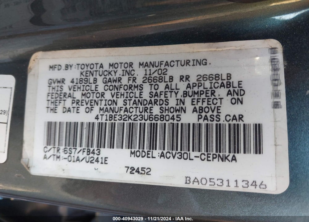2003 TOYOTA CAMRY LE VIN: 4T1BE32K23U668045