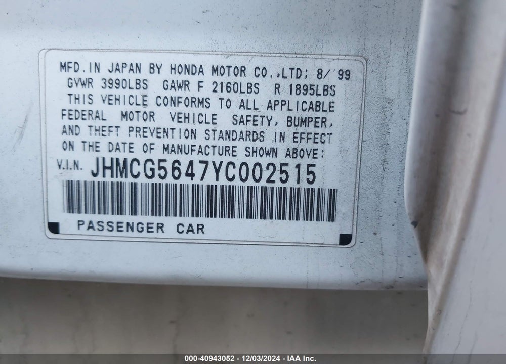 2000 HONDA ACCORD 2.3 LX VIN: JHMCG5647YC002515